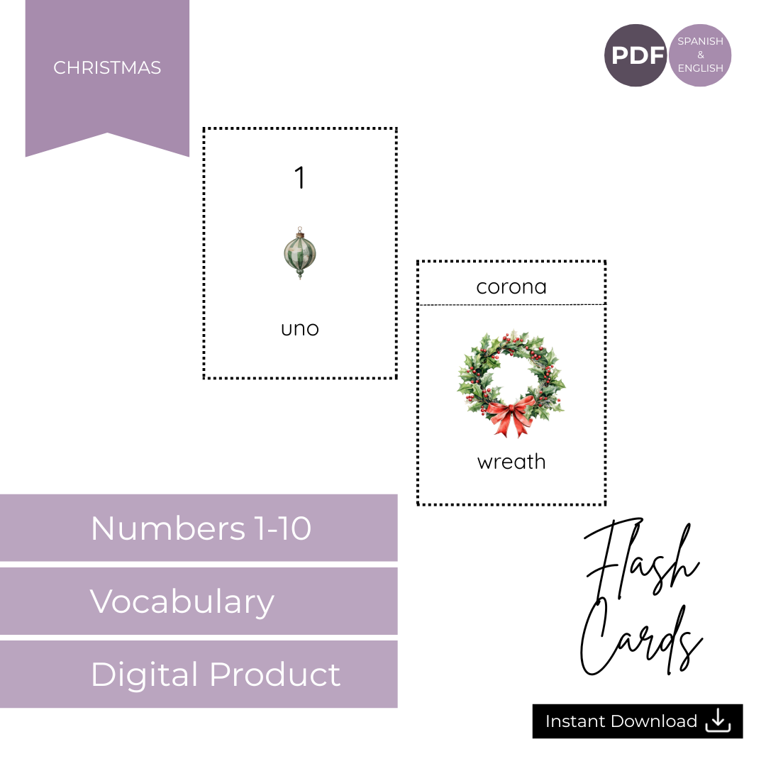 Christmas Flashcards English and Spanish Numbers 1-10